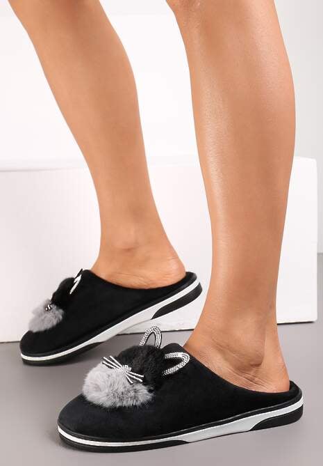 Czarne Kapcie Futrzane z Kotkiem Leze