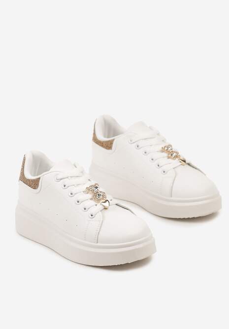 Biało-Złote Płaskie Sneakersy za Kostkę ze Sznurowaniami Ozdobione Aplikacjami i Cyrkoniami Quenalia
