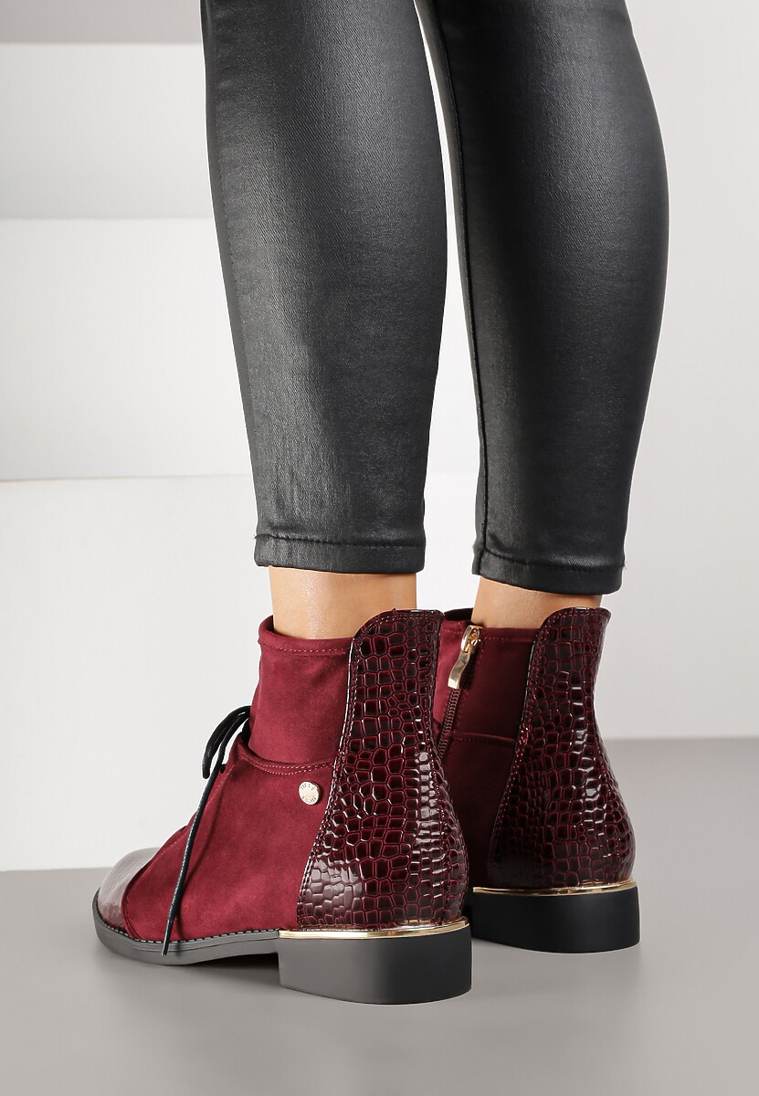 Bordowe Botki Trzewiki Vices Ozdobione Lakierowanymi Elementami Afridde