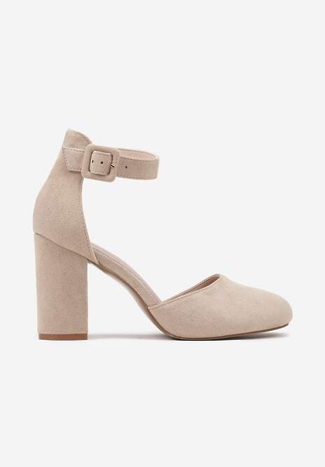 Beżowe Czółenka na Obcasie Typu Słupek ze Skórzaną Wkładką i Paseczkiem Wokół Kostki Belandria
