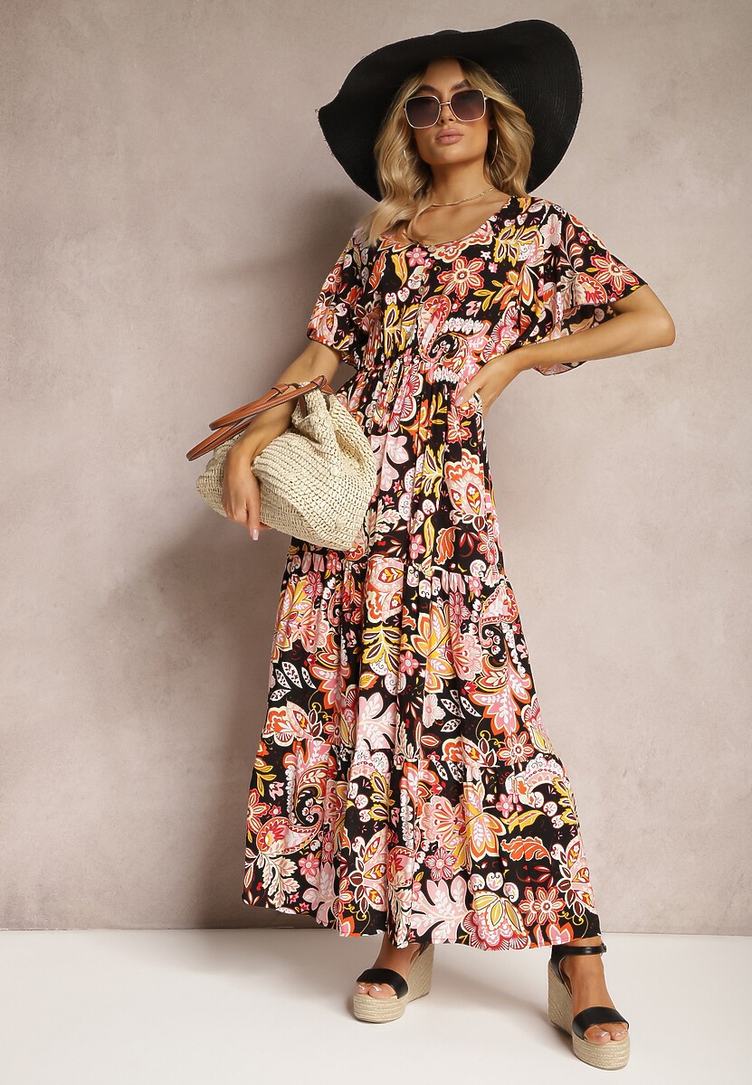 Czarno-Różowa Bawełniana Sukienka Letnia Ozdobiona Kolorowym Wzorem Boho z Gumką w Pasie Pythia