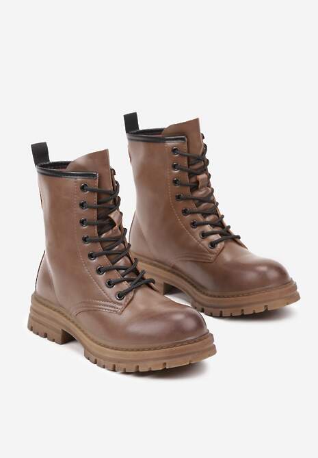 Ciemnobeżowe Botki Workery na Płaskiej Podeszwie ze Sznurowaniem Arstela