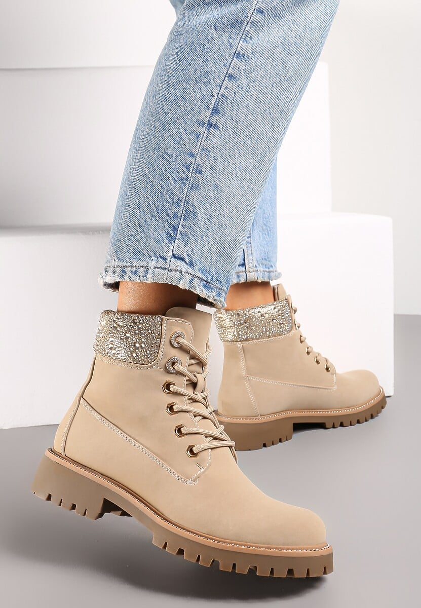 Beżowe Botki Traperki na Płaskiej Podeszwie z Przeszyciami i Cyrkoniami Flurella