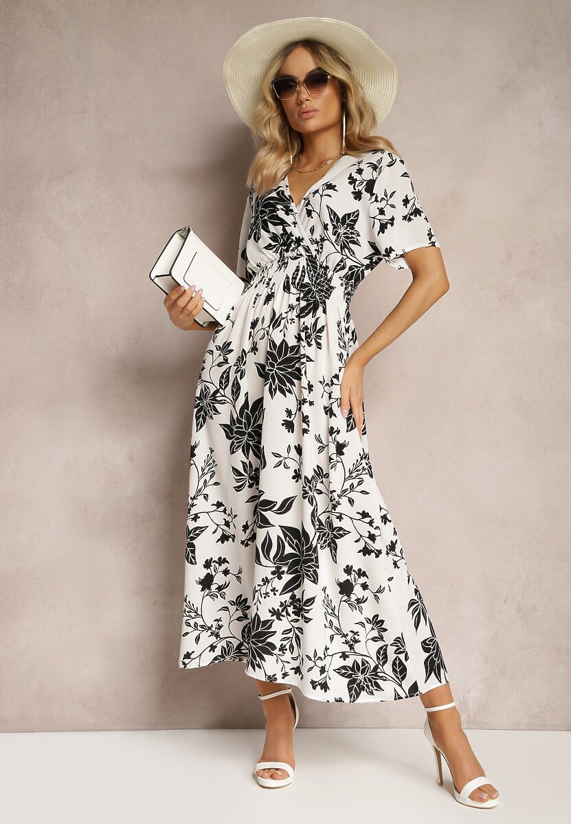 Biało-Czarna Rozkloszowana Sukienka Kopertowa z Kwiatowym Wzorem Mareal