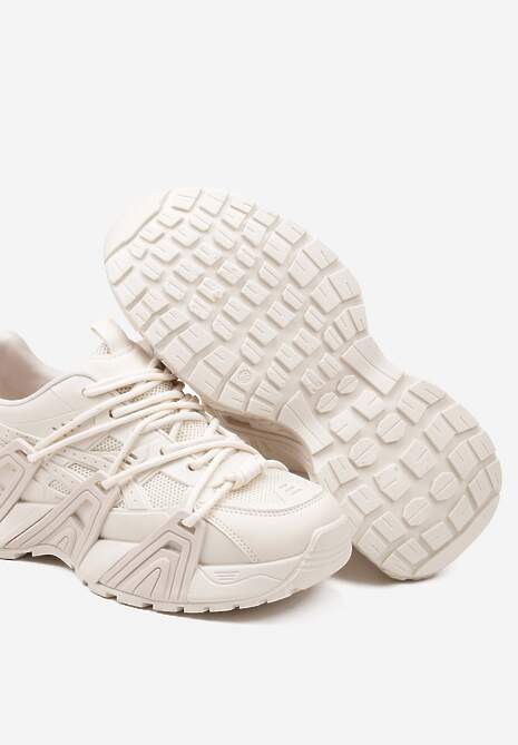 Beżowe Sneakersy Ozdobione Tłoczonym Wzorem Sanalitia