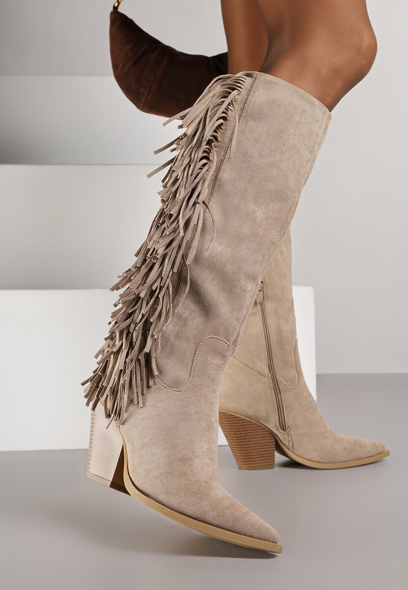 Ciemnobeżowe Kozaki Kowbojki z Imitacji Zamszu z Frędzlami i Stożkowym Obcasem Rafilea