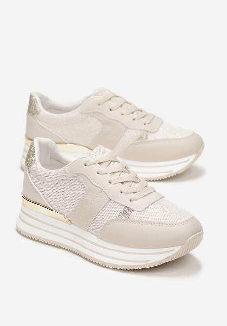 Beżowe Sneakersy na Grubej Podeszwie Ozdobione Brokatem Moneya