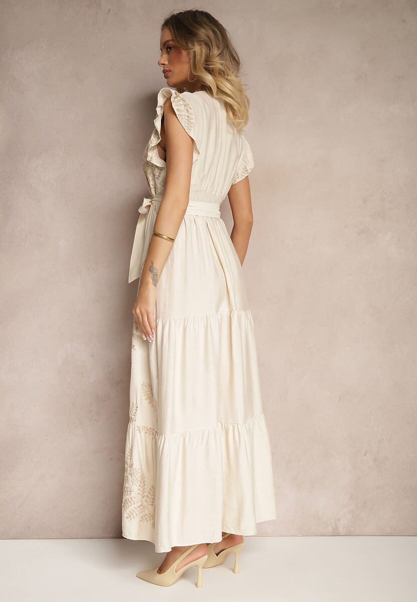 Beżowa Sukienka z Wiskozy z Ozdobnym Haftem i Metaliczną Nicią Grelvesa