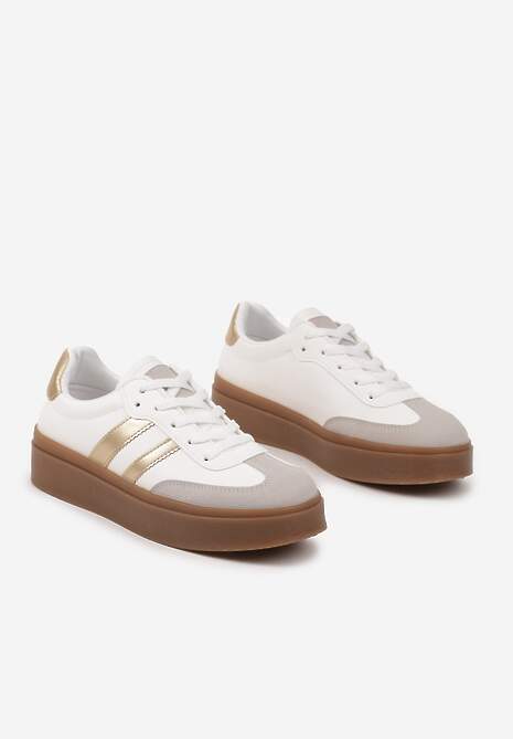 Biało-Złote Klasyczne Sneakersy Tenisówki na Niskiej Platformie Denirla