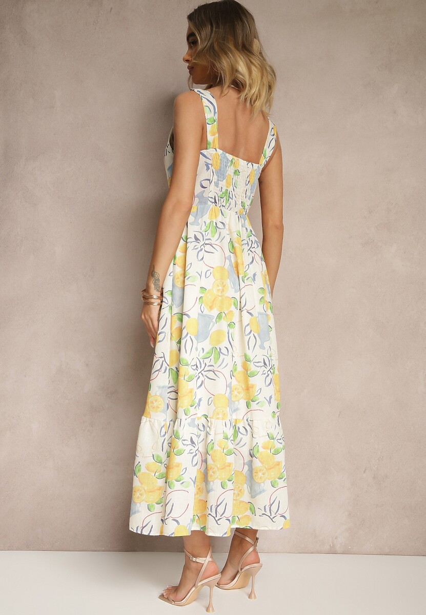 Beżowa Bawełniana Sukienka z Motywem Cytryn Lenvira