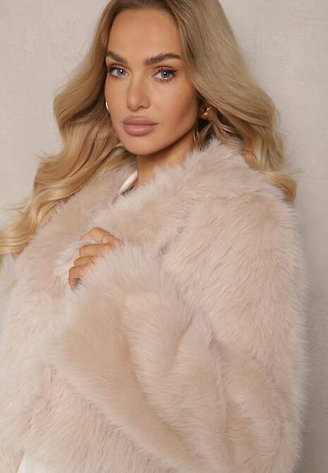 Beżowa Krótka Kurtka z Futerkiem Zdobiona Szerokim Kołnierzem Tormia