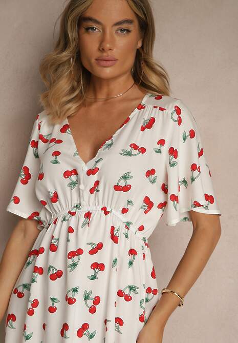 Biała Rozkloszowana Sukienka z Bawełny Zdobiona Printem w Wisienki Folenea