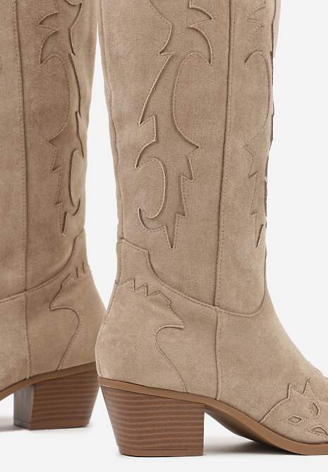 Ciemnobeżowe Kozaki Kowbojki na Stożku w Klasycznym Stylu Nalinda