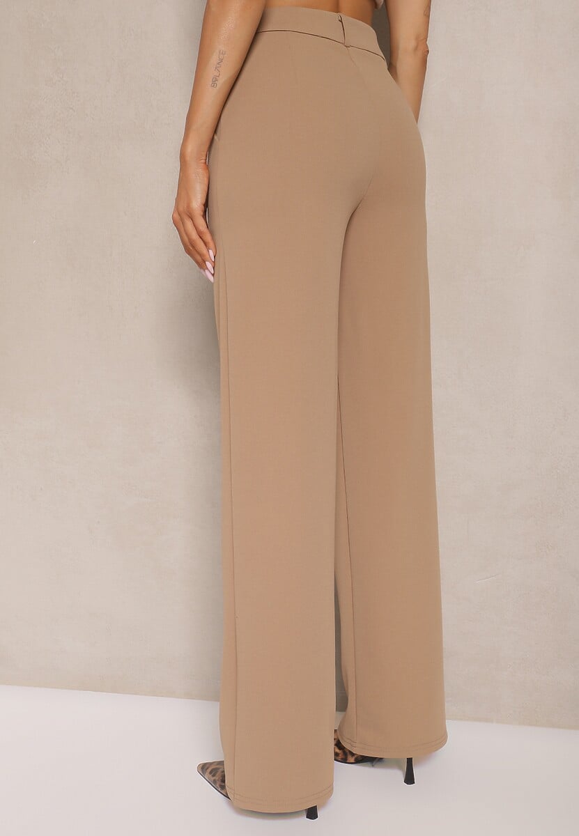 Ciemnobeżowe Spodnie o Garniturowym Fasonie z Wiskozą i Prostymi Nogawkami Senarielia