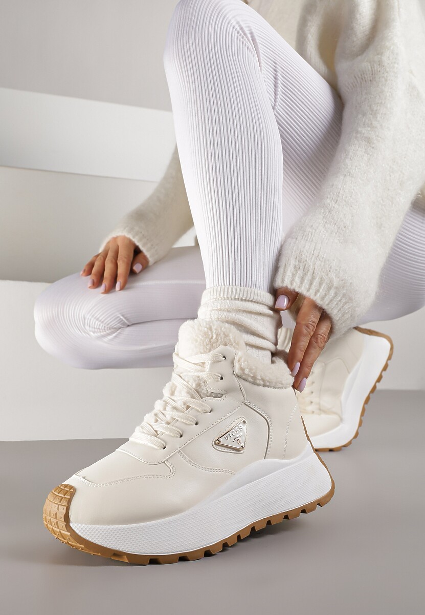 Beżowe Sneakersy Śniegowce Vices na Platformie Ozdobione Trójkątną Aplikacją Ficebia