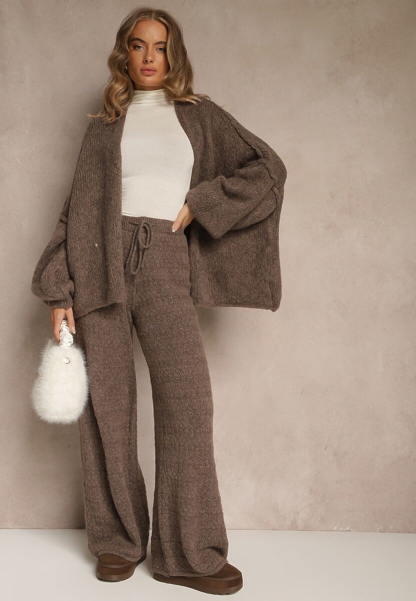 Brązowe Spodnie Wide Leg z Dzianiny z Dodatkiem Wełny i Wiskozy Tiesania