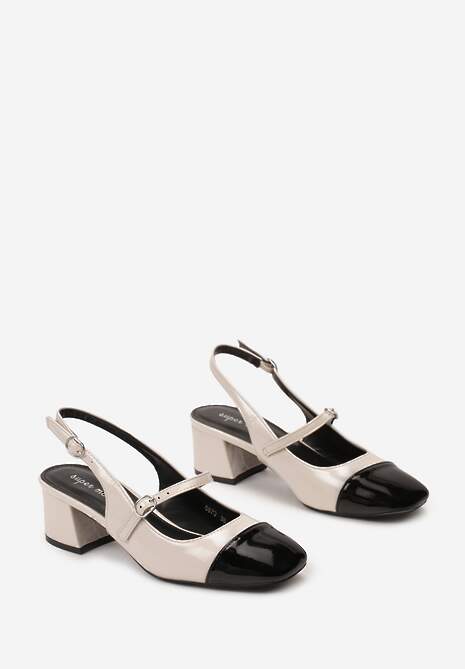 Beżowe Lakierowane Czółenka na Słupku z Kwadratowym Noskiem Nathlias