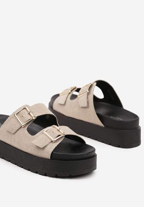 Beżowe Klapki  na Platformie z Paskami ze Sprzączkami Kaliora