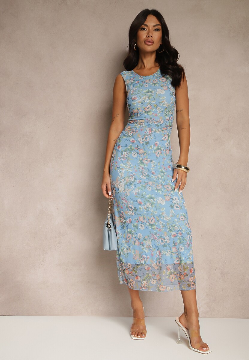 Niebieska Sukienka o Taliowanym w Kwiatowy Wzór Lirandra