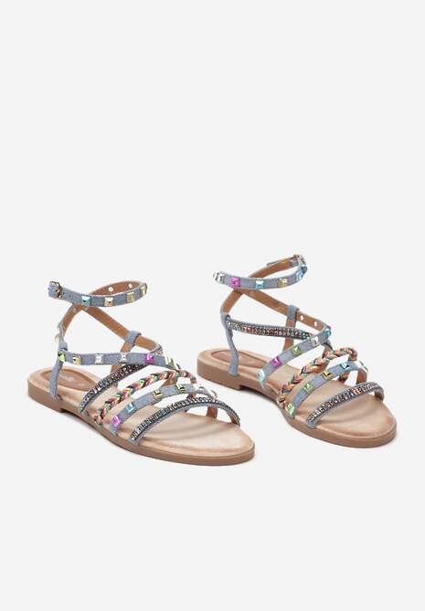 Niebieskie Płaskie Sandały z Cienkimi Paskami z Cyrkoniami i Ćwiekami Mizuki