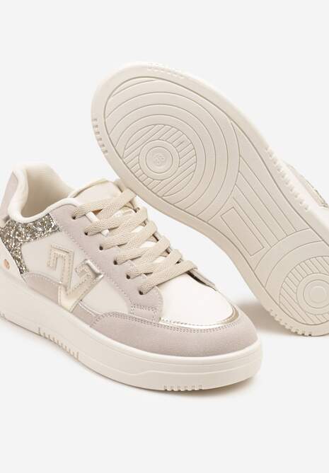 Beżowe Sneakersy Ozdobione Metalicznymi Aplikacjami i Brokatem Pilliossa
