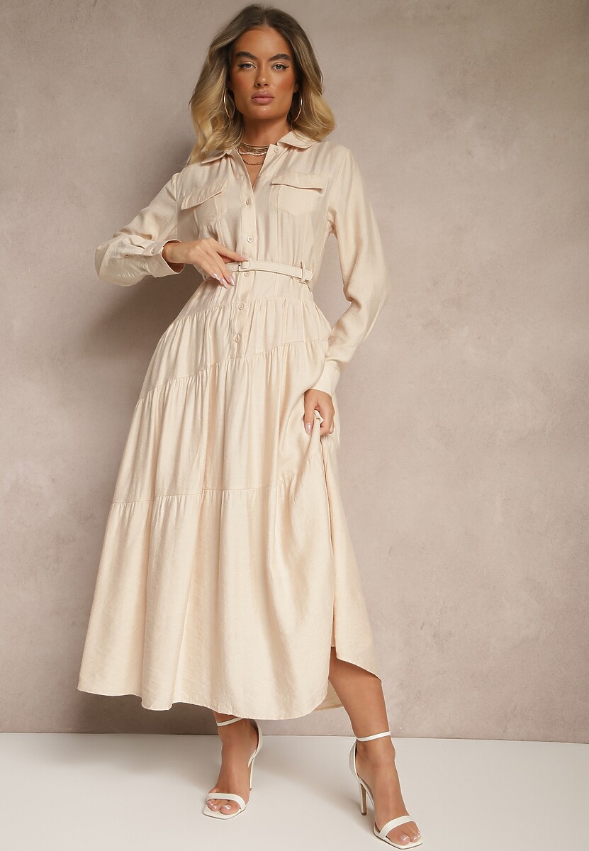 Beżowa Rozkloszowana Sukienka z Wiskozy z Guzikami i Paskiem Ronesa