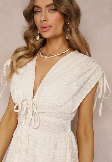 Beżowa Sukienka Rozkloszowana z Trójkątnym Dekoltem Thamefa