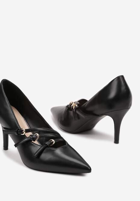 Czarne Czółenka na Szpilce Ozdobione Paskami Relabina