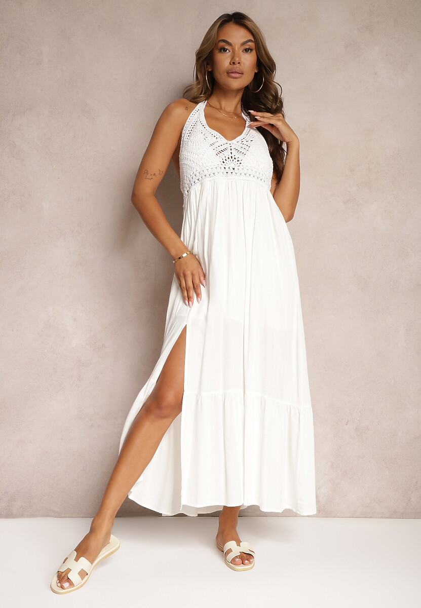 Beżowa Sukienka Boho Rozkloszowana z Wiskozy Risalenne