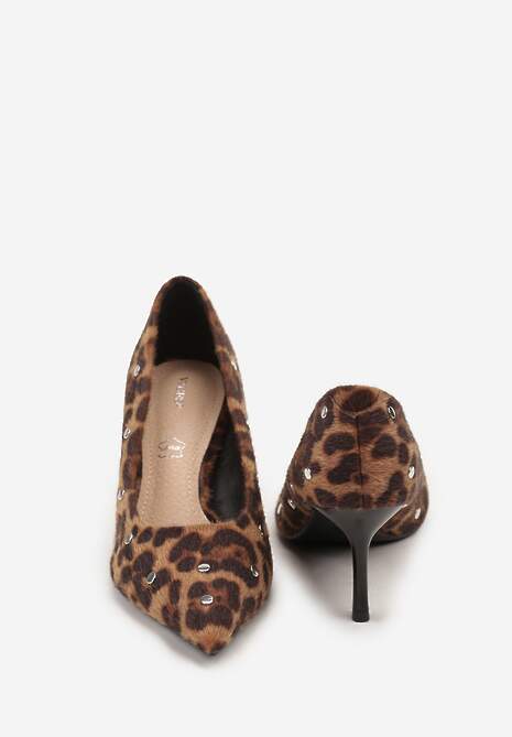 Panterkowe Czółenka Vices na Szpilce z Wkładką ze Skóry Naturalnej z Klamrą i Ćwiekami Riloria