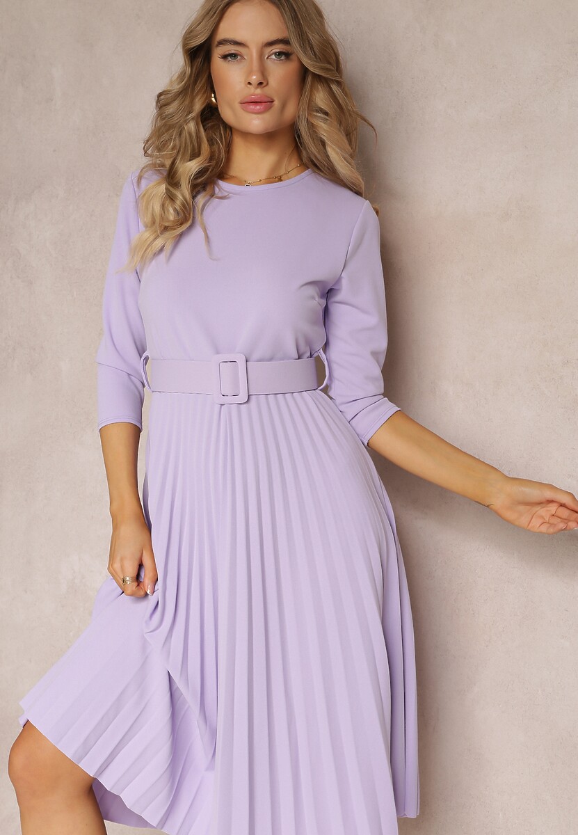 Beżowa Sukienka Plisowana z Paskiem Valfe