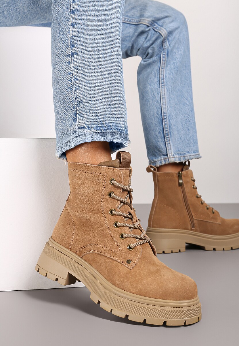 Brązowe Skórzane Botki Workery Ocieplone Futerkiem Enariva