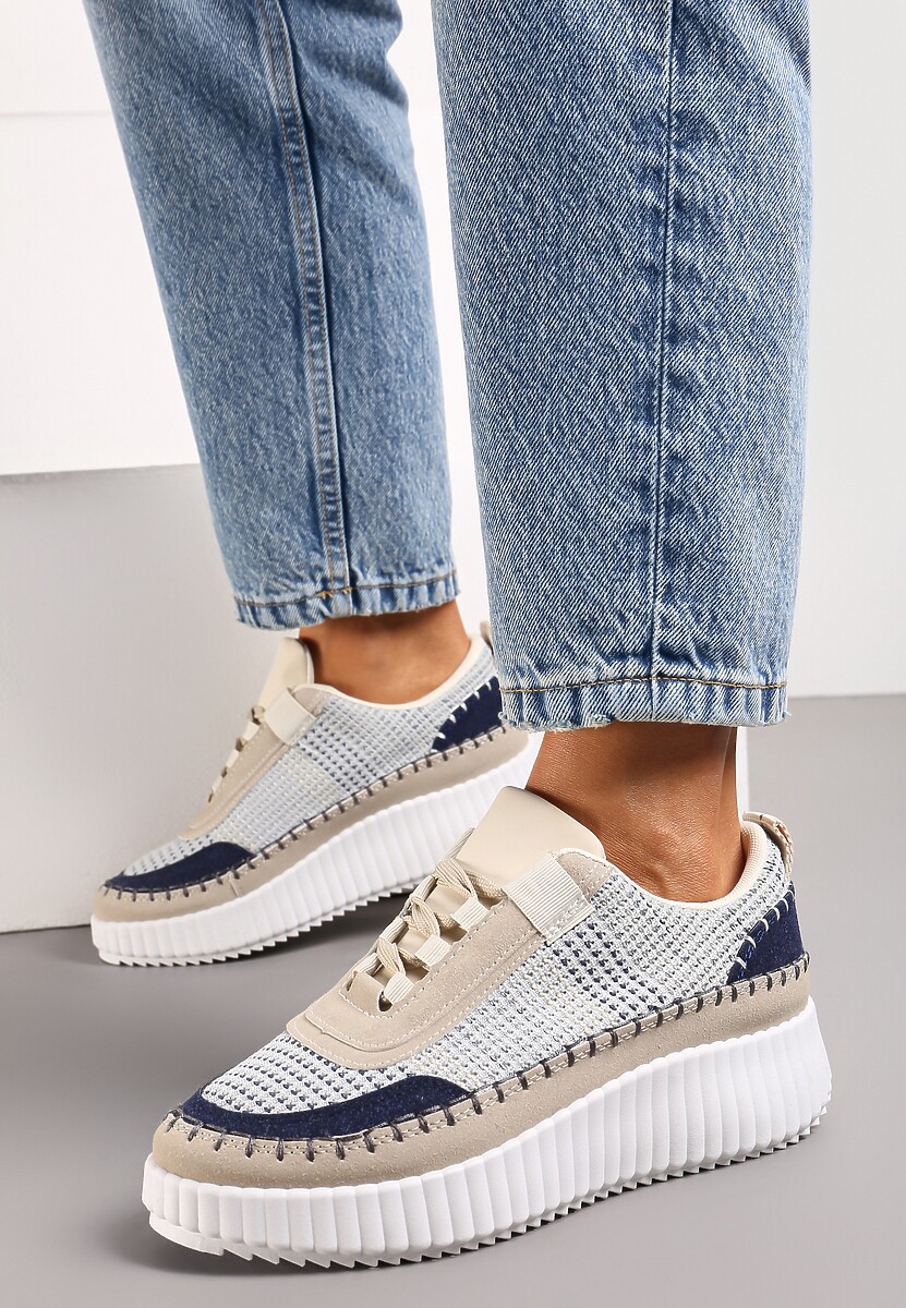Beżowo-Niebieskie Sneakersy na Platformie Ozdobione Tweedowymi Wstawkami i Cyrkoniami Eganna