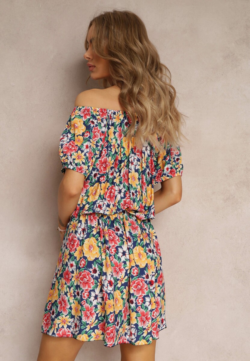 Granatowo-Żółta Sukienka Hiszpanka z Wiskozy i Gumką w Talii Pellin