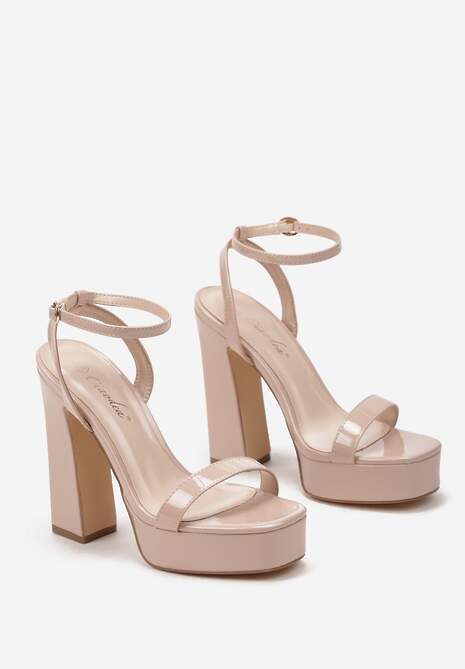 Beżowe Lakierowane Sandały na Wysokim Obcasie z Platformą Ekelia