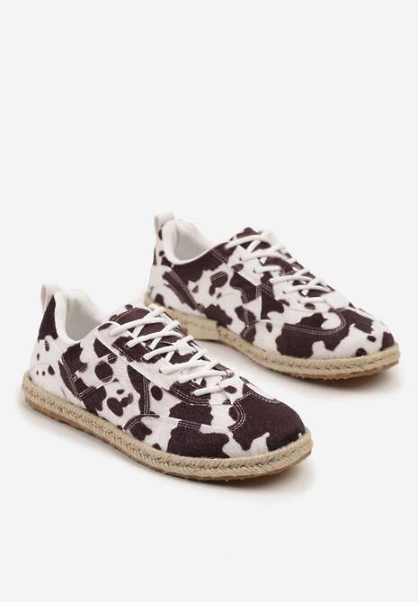 Brązowo-Białe Sneakersy Kultowe Tenisówki ze Wzorem w Łaty z Podeszwą Zdobioną Plecionką Zarorella