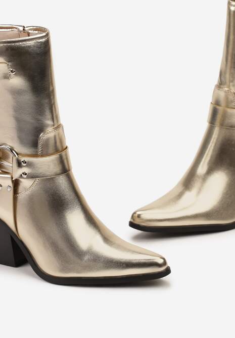 Złote Botki Kowojki na Ściętym Słupku z Klamrami i Sprzączkami Caraley