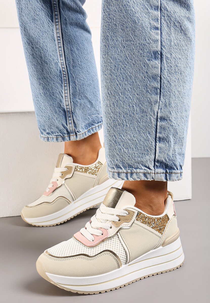 Beżowe Sneakersy na Niskiej Platformie ze Wstawkami z Brokatu Quinnes