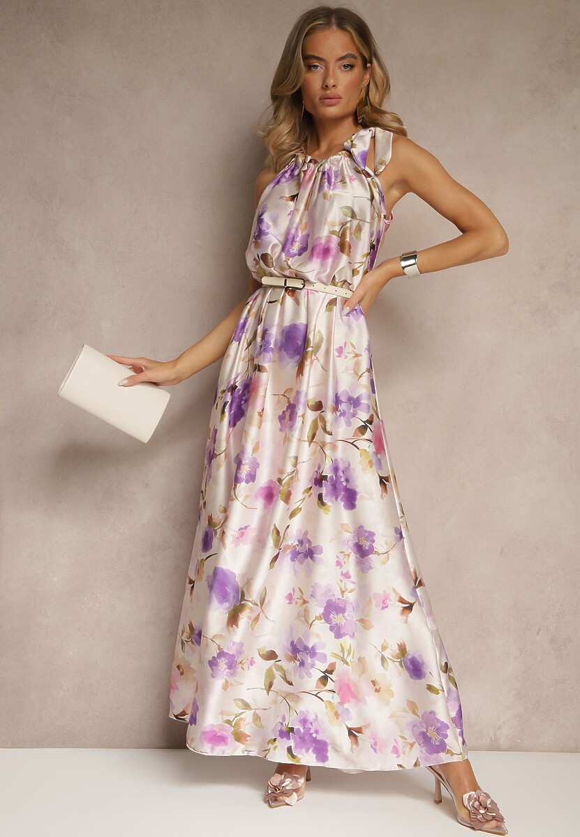 Fioletowa Sukienka z Satyny w Kwiatowy Wzór Fenimea