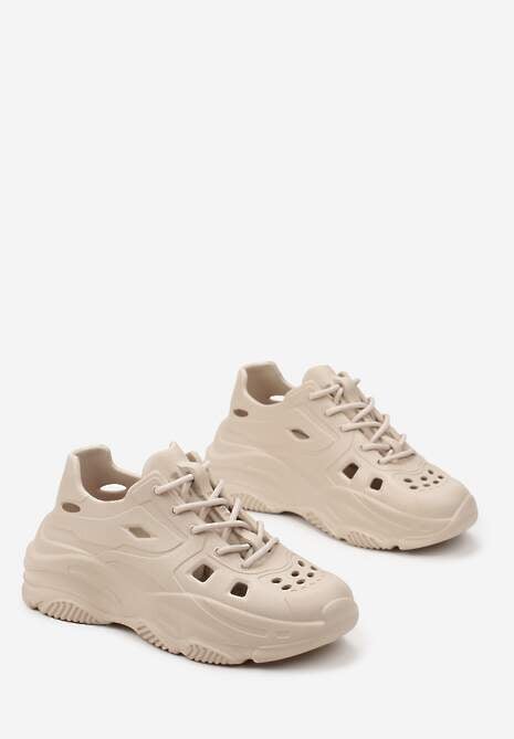 Beżowe Gumowe Sneakersy na Grubej Podeszwie Ozdobione Dziurkami Ojala