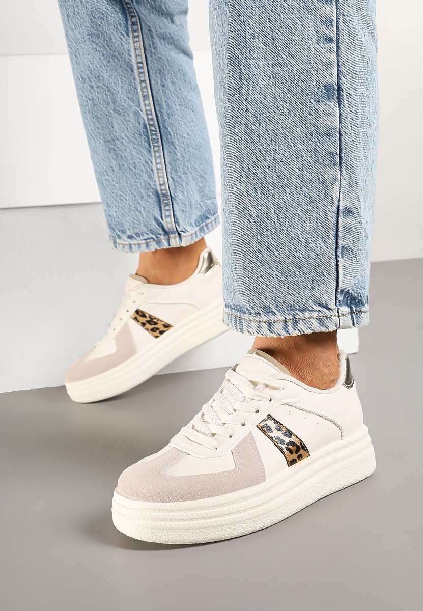Beżowe Sneakersy na Platformie Ozdobione Paskami w Panterkę ze Sznurowaniem Bormi