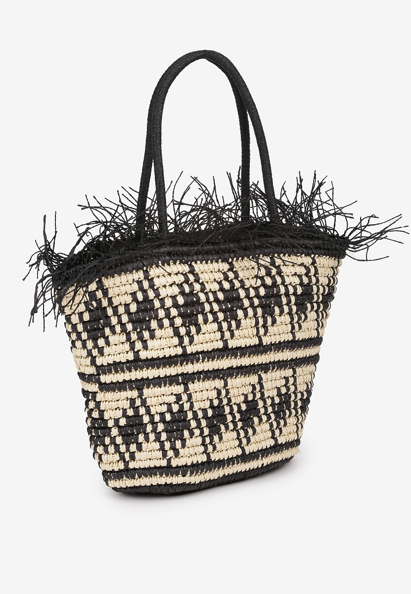 Beżowo-Czarna Torebka z Plecionki Ozdobiona Frędzlami Zapinana na Zamek Błyskawiczny Timazella