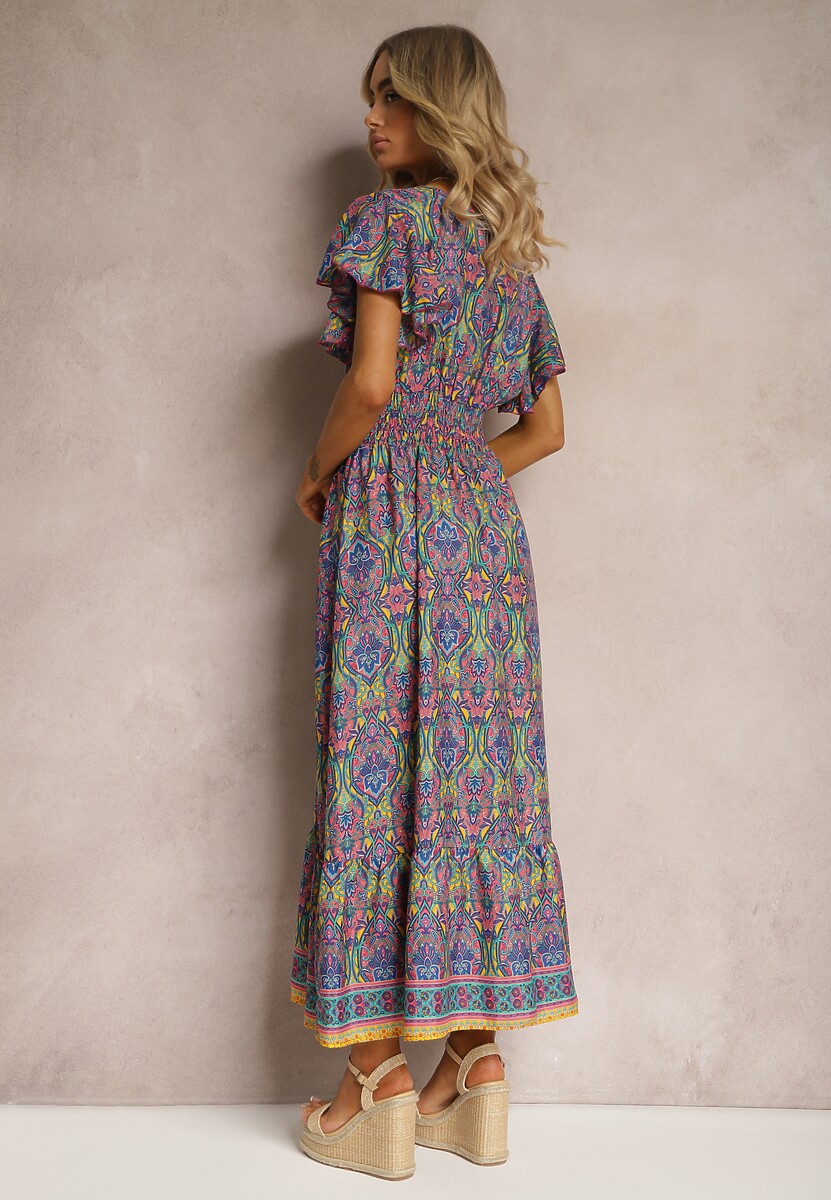 Różowo-Niebieska Rozkloszowana Sukienka w Etniczny Wzór z Krótkim Rękawem i Gumką w Pasie Zorisa