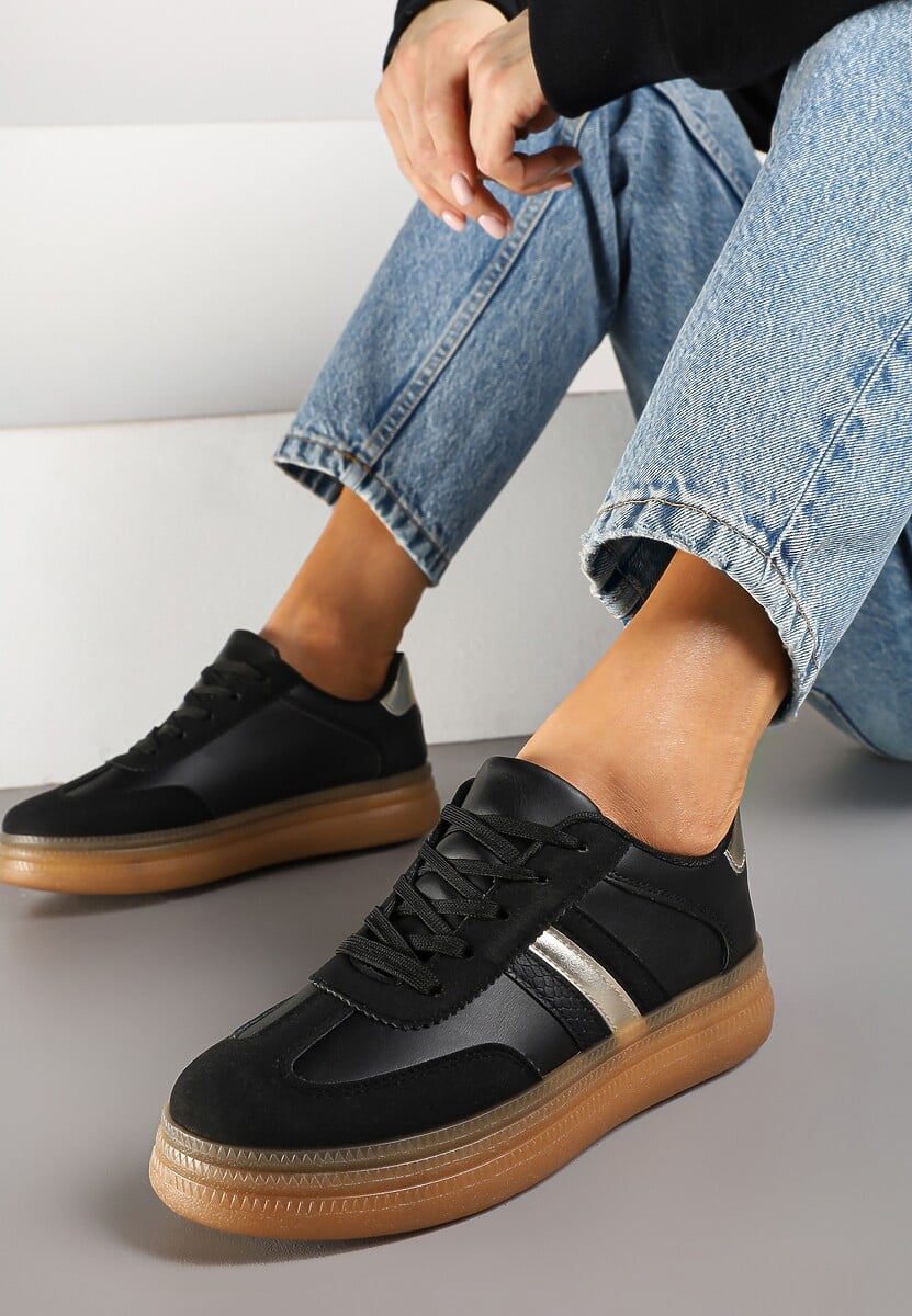 Czarne Sneakersy w Stylu Tenisówek Ozdobione Metaliczną Aplikacją Tihanor