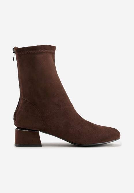 Brązowe Eleganckie Botki VICES Skarpetkowe na Klocku z Metalicznym Zdobieniem Rivite