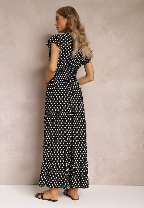 Czarna Rozkloszowana Sukienka Maxi w Kropki z Gumką w Talii Janey