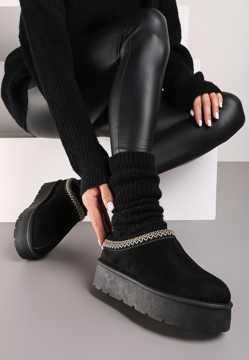 Czarne Śniegowce z Haftowanym Paseczkiem na Platformie Iridalia