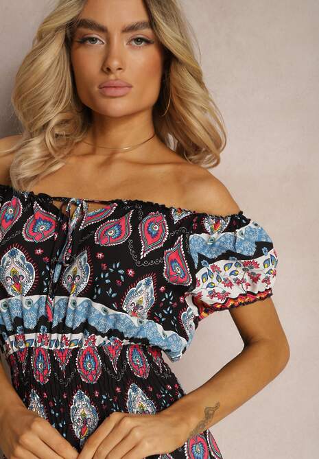 Czarno-Różowa Sukienka na Lato z Bawełny z Modelującą Gumką w Talii Deorna