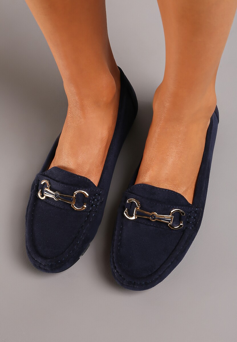 Niebieskie Mokasyny na Płaskiej Podeszwie z Aplikacją i Przeszyciami Tonala