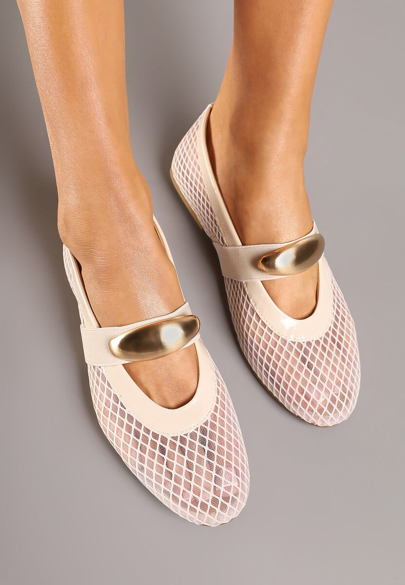 Beżowe Siateczkowe Balerinki z Metaliczną Ozdobą i Paskiem Irelisa